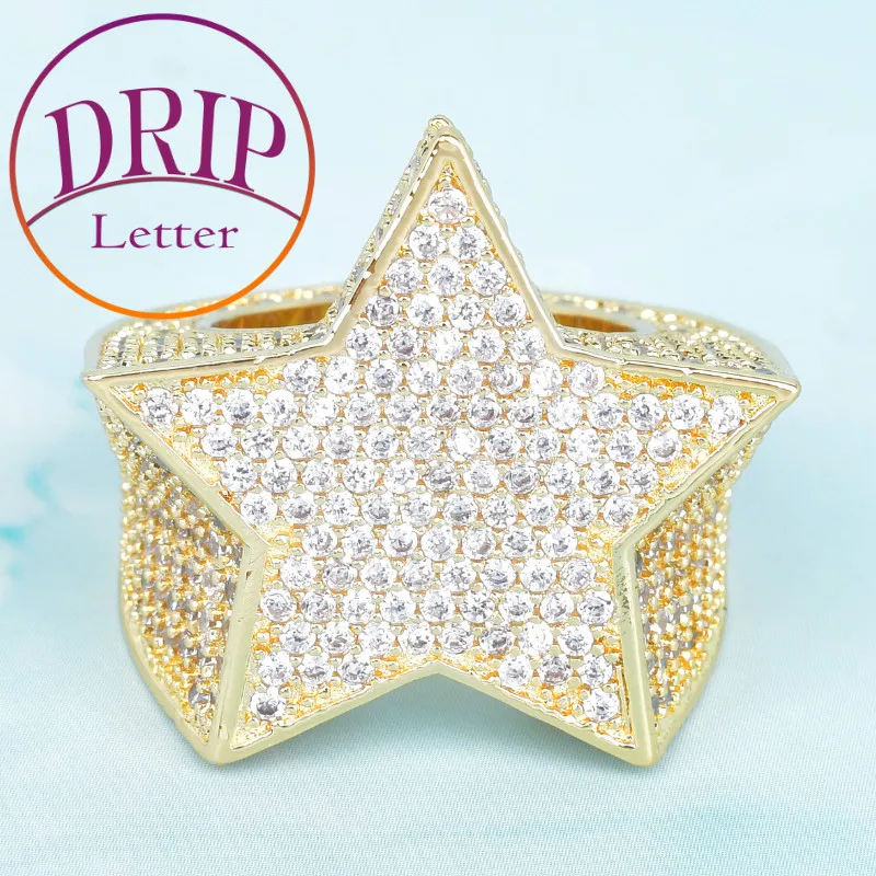 Drip Letter Ice Out Five Pointed Star Ring for Men Real Copper Material Rapper Charm Hip Hop Jewelry Rock Street Fashion Style f