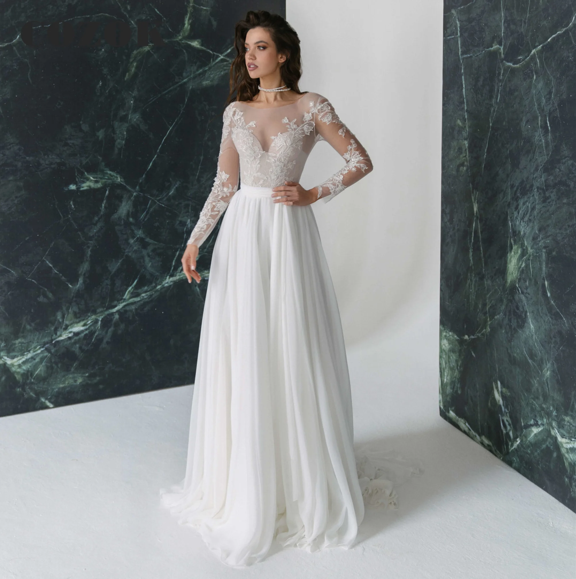 Elegant A-line Chiffon Lace Wedding Dresses Floor Length Long Sleeve Simple Formal Bridal Gowns CO06