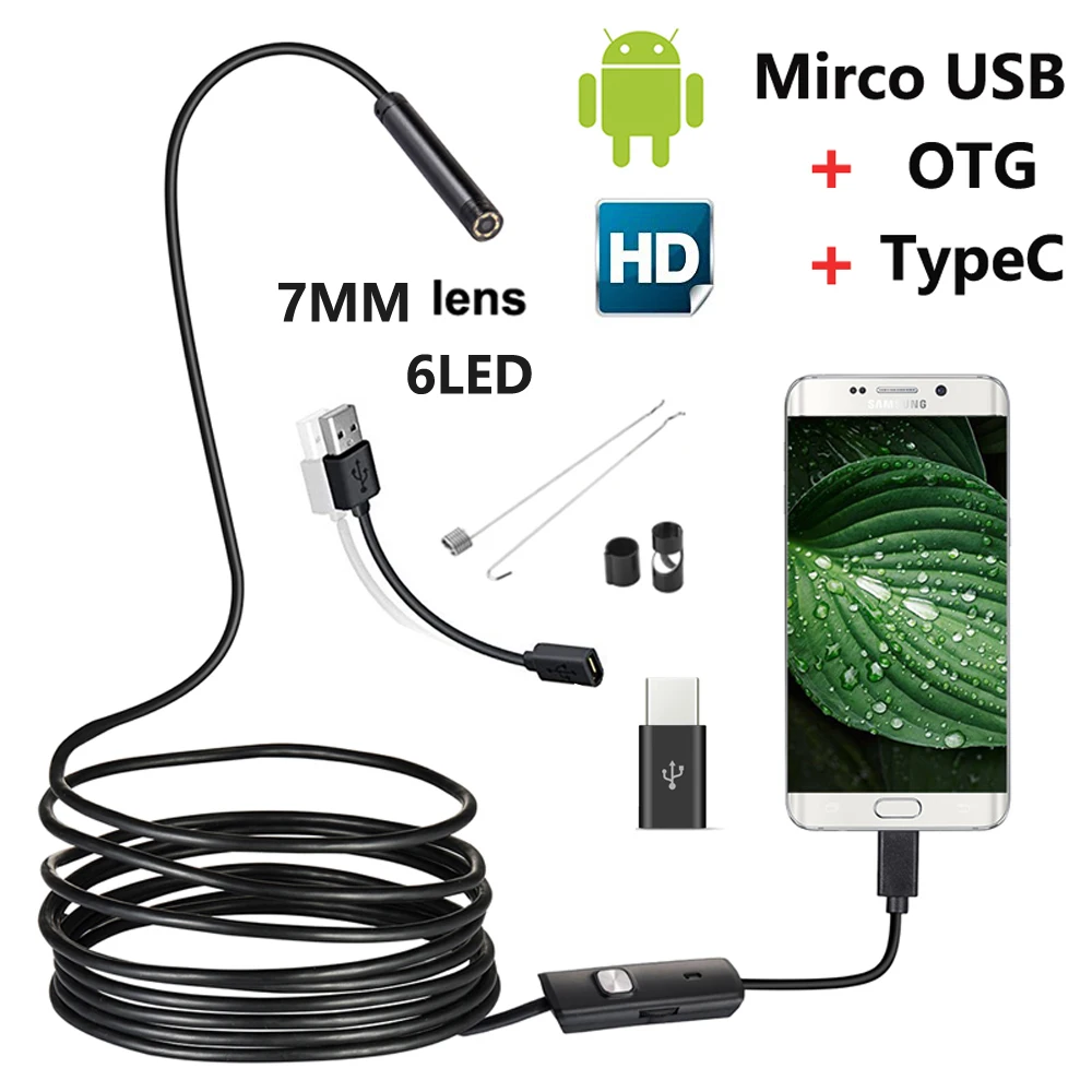 7mm Endoscope Camera Micro USB OTG Type C Waterproof Adjustable 6LED Inspection Borescope Camera For Android Phone & Computer