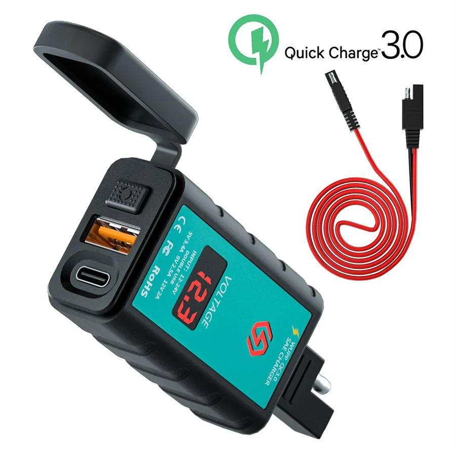 Teléfono para motocicleta QC3.0 USB + tipo C, carga rápida, 12-24v, cable de enchufe SAE con rotación de 360, soporte para manillar de bicicleta y motocicleta