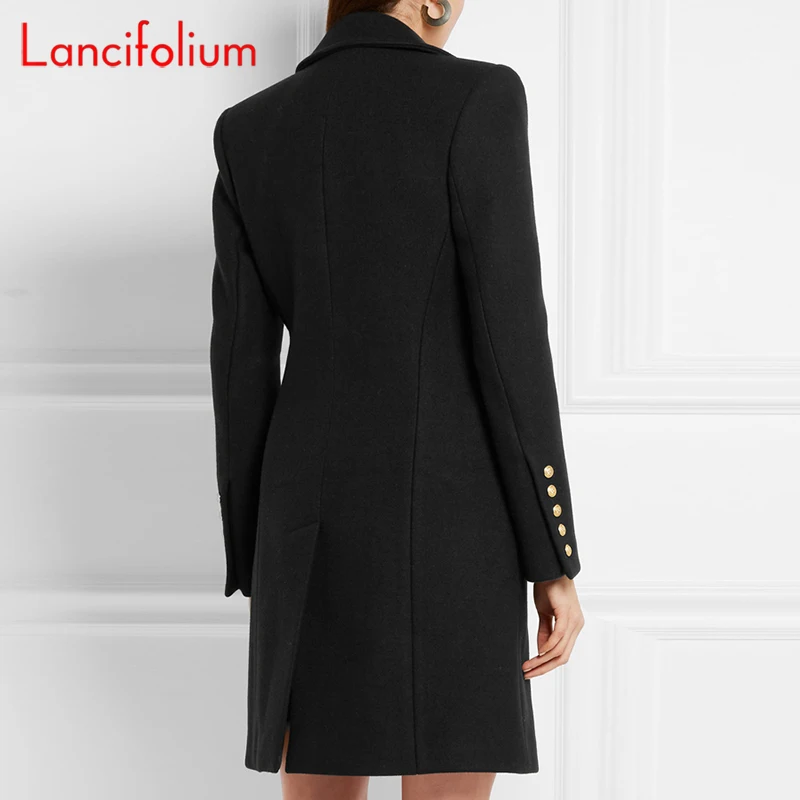 Long Woolen Coat Women Autumn Winter Fashion Military Black Wool Blends Double-breasted Slim Elegant Woolen Coat Outwear Jacket