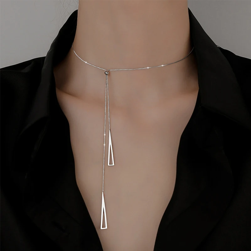 Nieuwe 925 Sterling Zilver Geometrische Driehoek Ketting Voor Vrouwen Verstelbare Sleutelbeen Keten Trui Ketting Touw Ketting Sieraden Geschenken