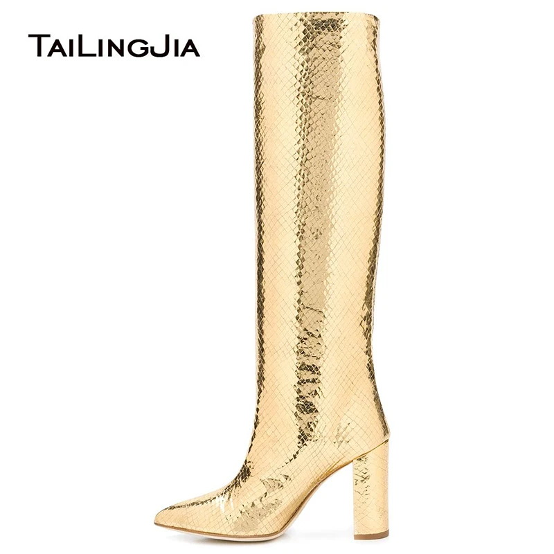 Glossy Gold Knee High Boots For Women 2021 Silver Crocodile Embossed Long Boots Ladies High Block Heel Slip On Tall Boot Shoes