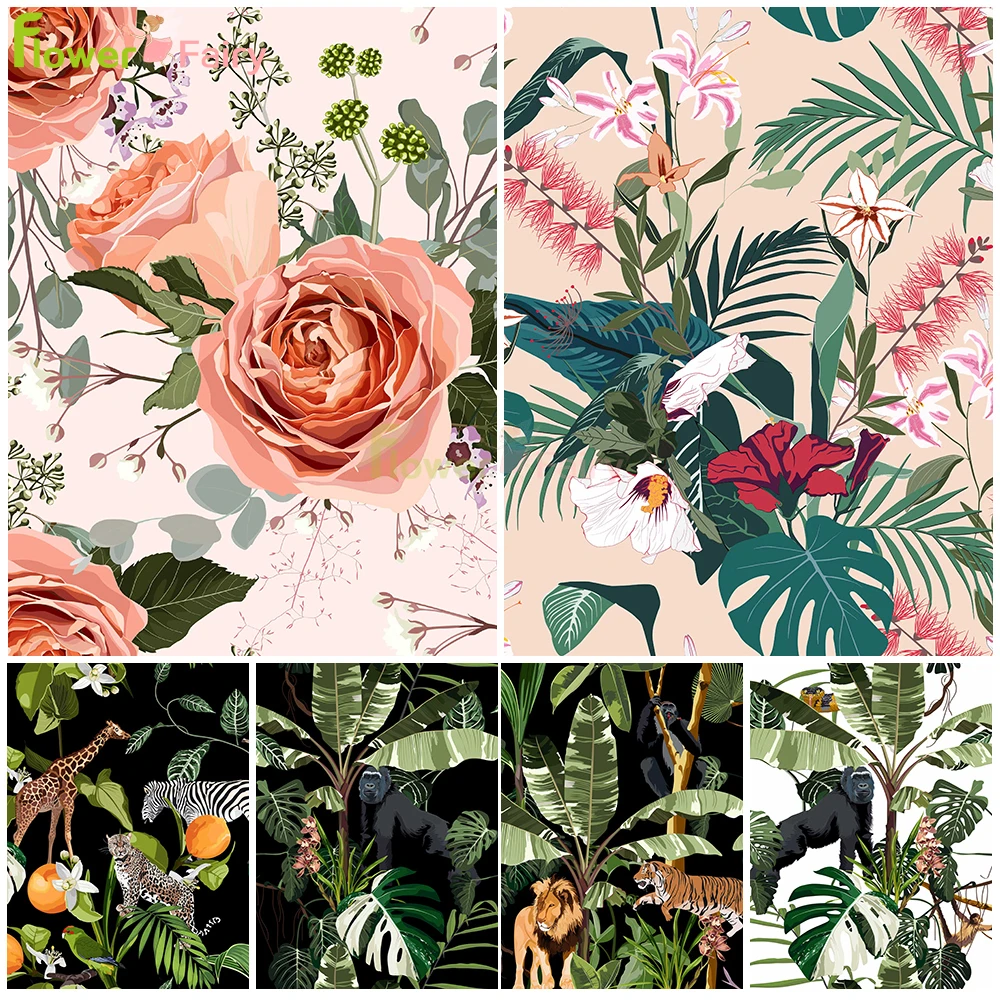 

Modern Rose Flowers Tropical Plants Animals Wall Art Canvas Painting Nordic Poster Wall Pictures For Living Room Home Unframed