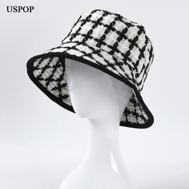 USPOP New Autumn Winter Women Bucket Hats tweed Plaid Wide Brim Bucket hats Panama Hats