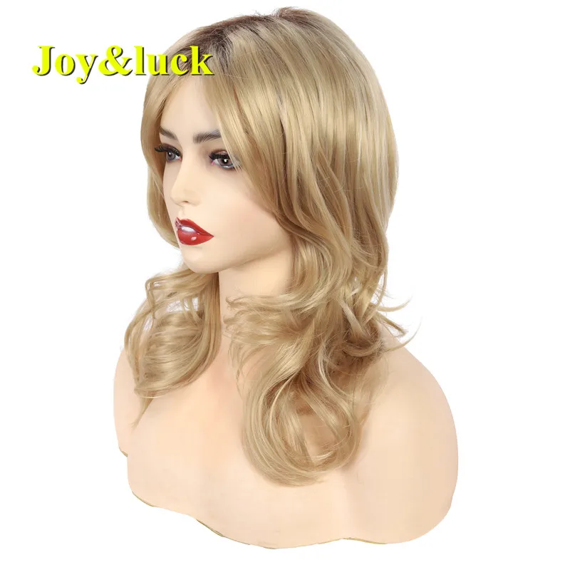 Joy&luck Medium Length Blonde Wave Wig Synthetic Wigs for Women Ombre Brown Wigs Blond Hair Full Wig With Bangs Daily Hair Wig