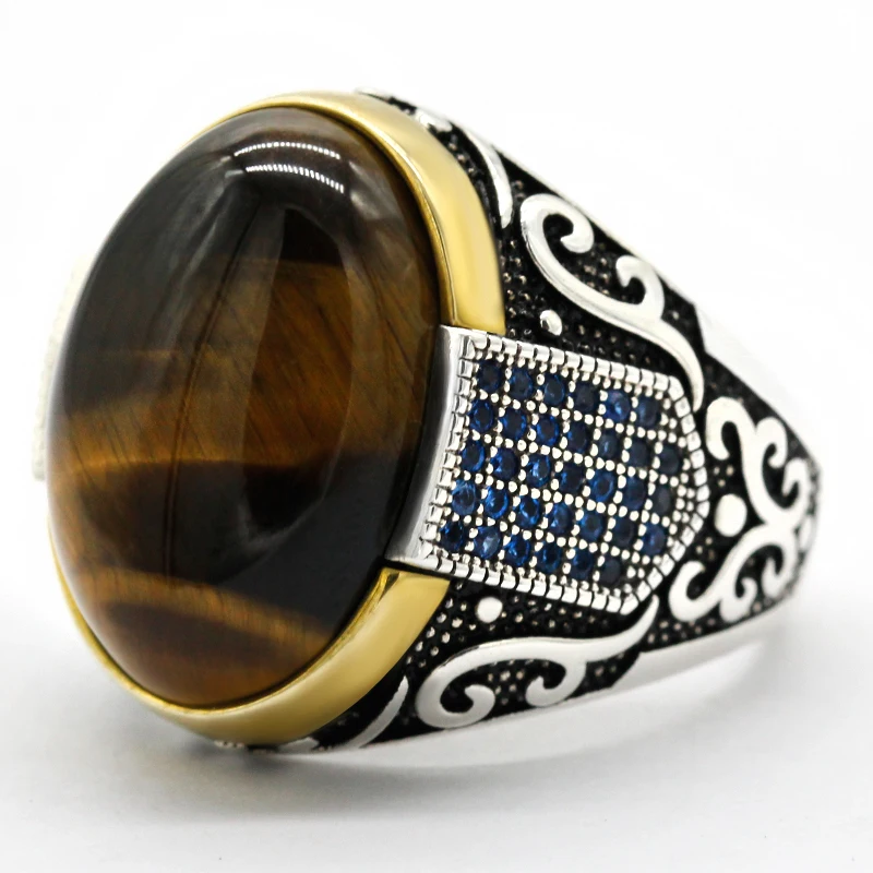 Genuine sterling silver antique Turkish ring with stone tiger eye men\'s colorful punk rock jewelry