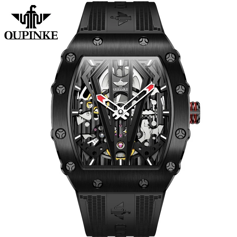 OUPINKE Mens Watches Luxury Brand Automatic Mechanical Wristwatch Fashion Skeleton Silicone Strap Sports Waterproof Watch Men