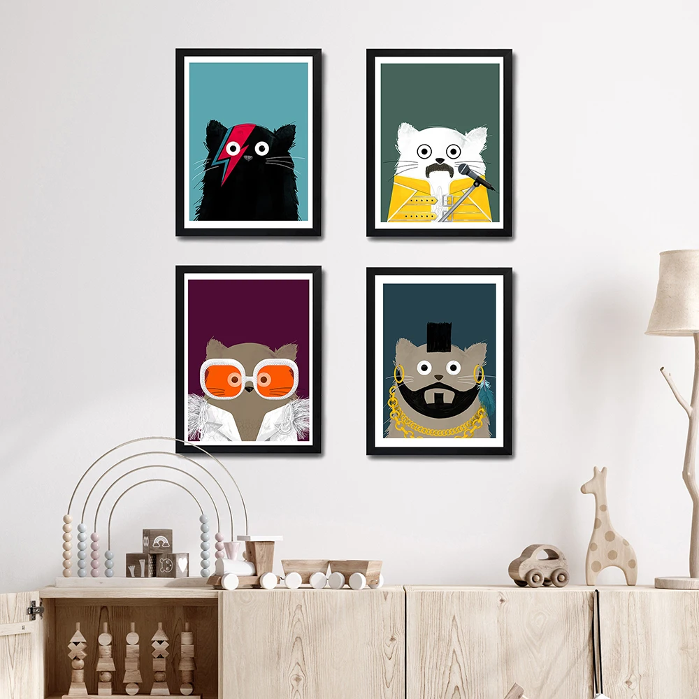 Cartoon Animal Wall Art Posters and Prints Canvas Painting Cat Bowie and Freddie Wall Pictures Living Room Decoration Home Decor