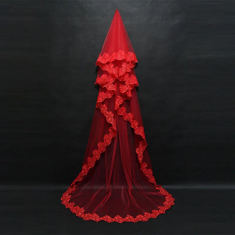 Marriage 3M One Layer Lace Edge Red White Ivory Catherdal Wedding Veil Long Bridal  Cheap  Accessories Veu de Noiva