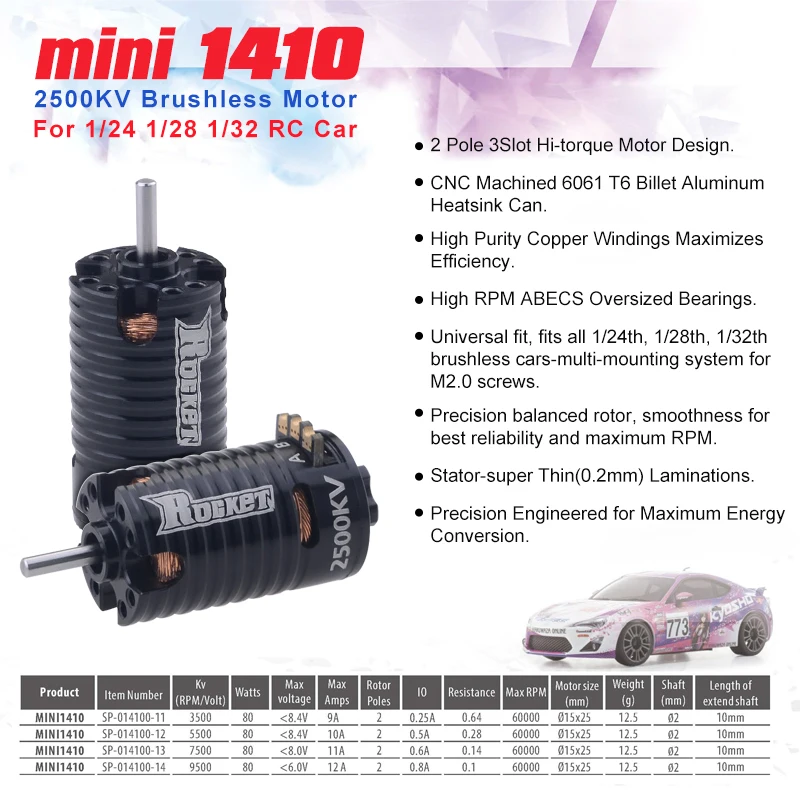 Rocket-Mini Motor sem escova para carro de RC, 1410, 2500KV, 3500KV, 5500KV, 7500KV, 9500KV, 1/24, 1/28, 1/32