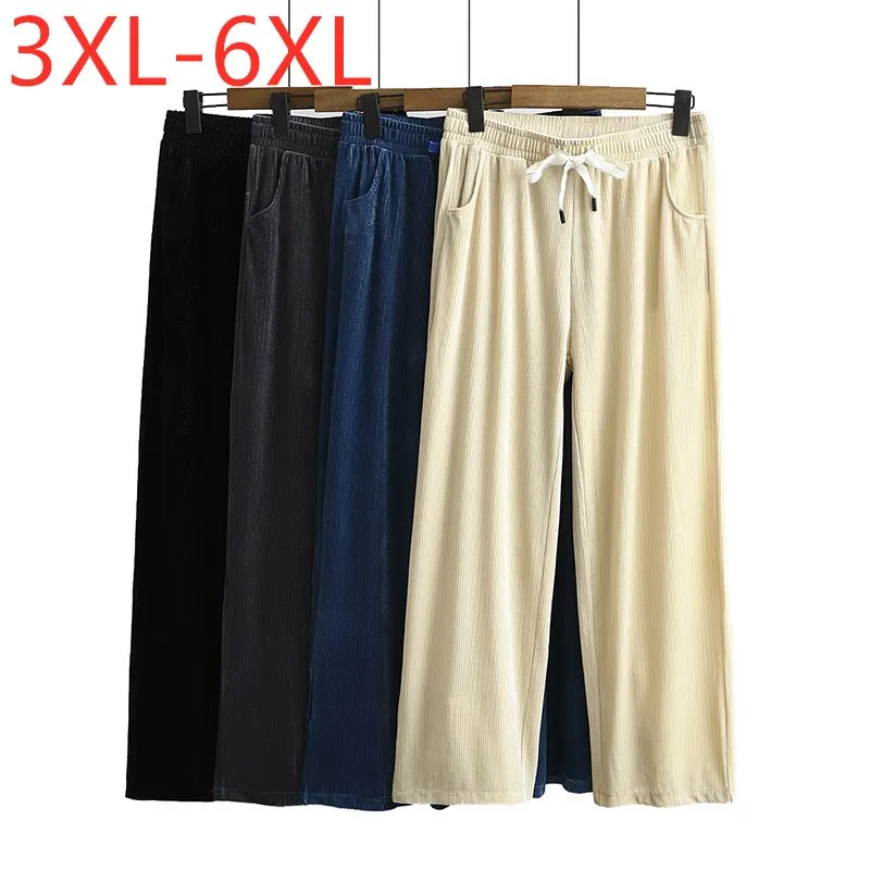 New Ladies Autumn Winter Plus Size Long Pants For Women Large Loose Elastic Wide-leg Black Khaki Belt Trousers 3XL 4XL 5XL 6XL