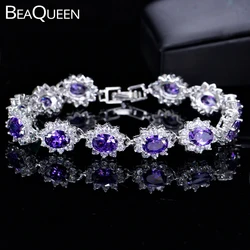 BeaQueen Sparkling Big Oval Purple Austrian Crystal CZ Bracelets Bangles Women Trendy Jewelry Romantic Gift for Wife B024