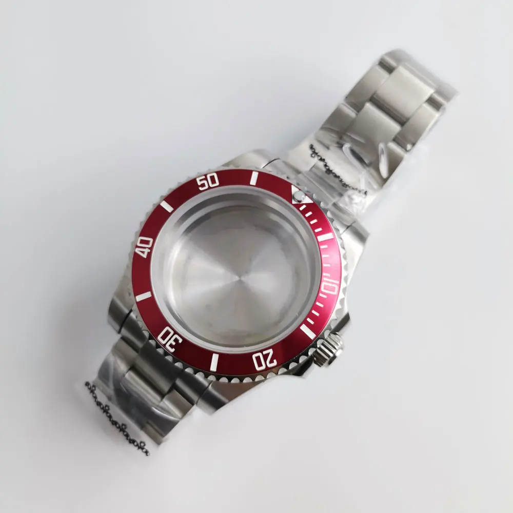 Red Alloy Bezel Insert 40mm Automatic Watch Case for NH35A NH36A ETA 2824 Miyota Movement Brushed Steel Strap Sapphire Glass