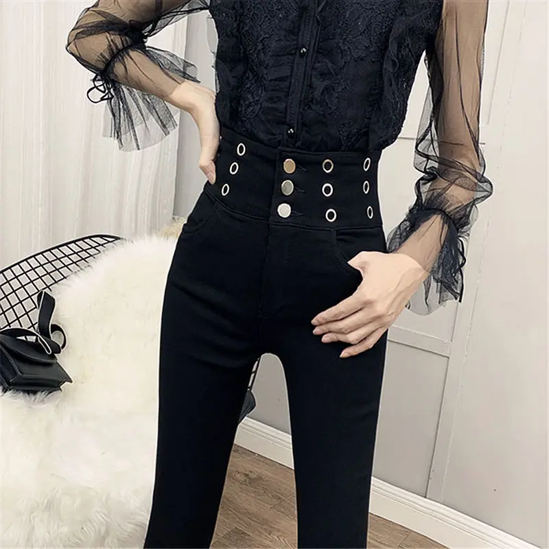 Black Skinny Pencil Pants Women Hollow High-Waisted Pants Leggings Autumn Thin Pantalones Mujer Cintura Alta Plus Size Pants