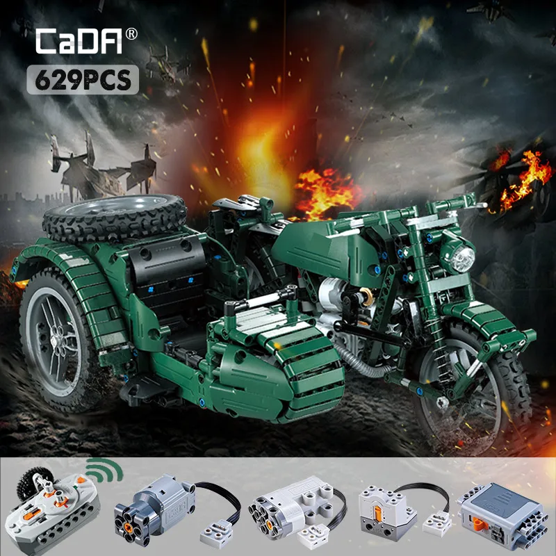 Cada 629PCS RC Motorcycles Building Blocks City Military German WW2 War Remote Control Car Bricks Toys for Kids