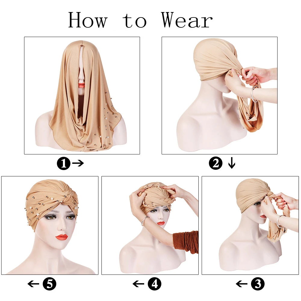 Fashion Muslim Women\'s Cotton Turban Hijab Beading Headscarf Caps Female Wrap Head Scarves Islamic Head Scarf Turbante Mujer