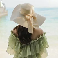 15CM Wide Brim Beach Straw Hats For Women Simple Foldable Summer Outing Sun Hat Fashion Flat Brom Bowknot Uv Protection Panama - Image 4