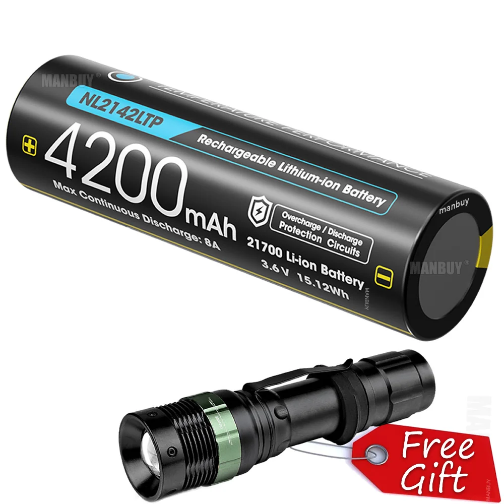 

2024 NITECORE NL2142LTP -40C Low Temperature 21700 4200mAh 3.6v Li-ion Rechargeable Battery 1Pc + Gift Flashlight Authentic