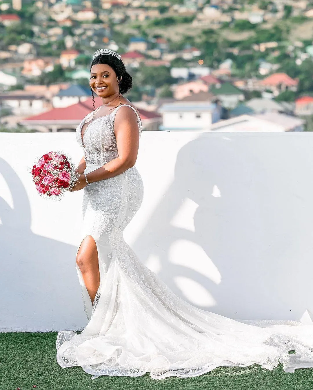 Vestidos de novia de talla grande, vestidos de novia con Apliques de encaje árabe Aso Ebi, vestidos de novia con abertura lateral para jardín, 2021