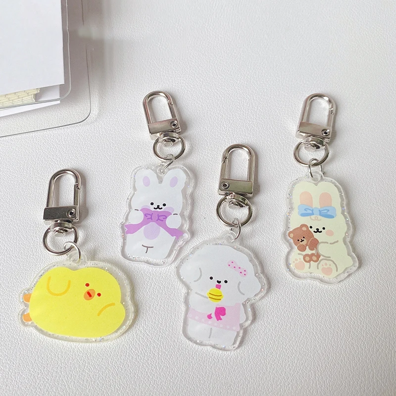 Cute Cartoon Glitter Bunny Acrylic Keychain Ins Decoration Girls Bag Scrapbook Earphone Trinkets Pendant Kawaii Key Holder