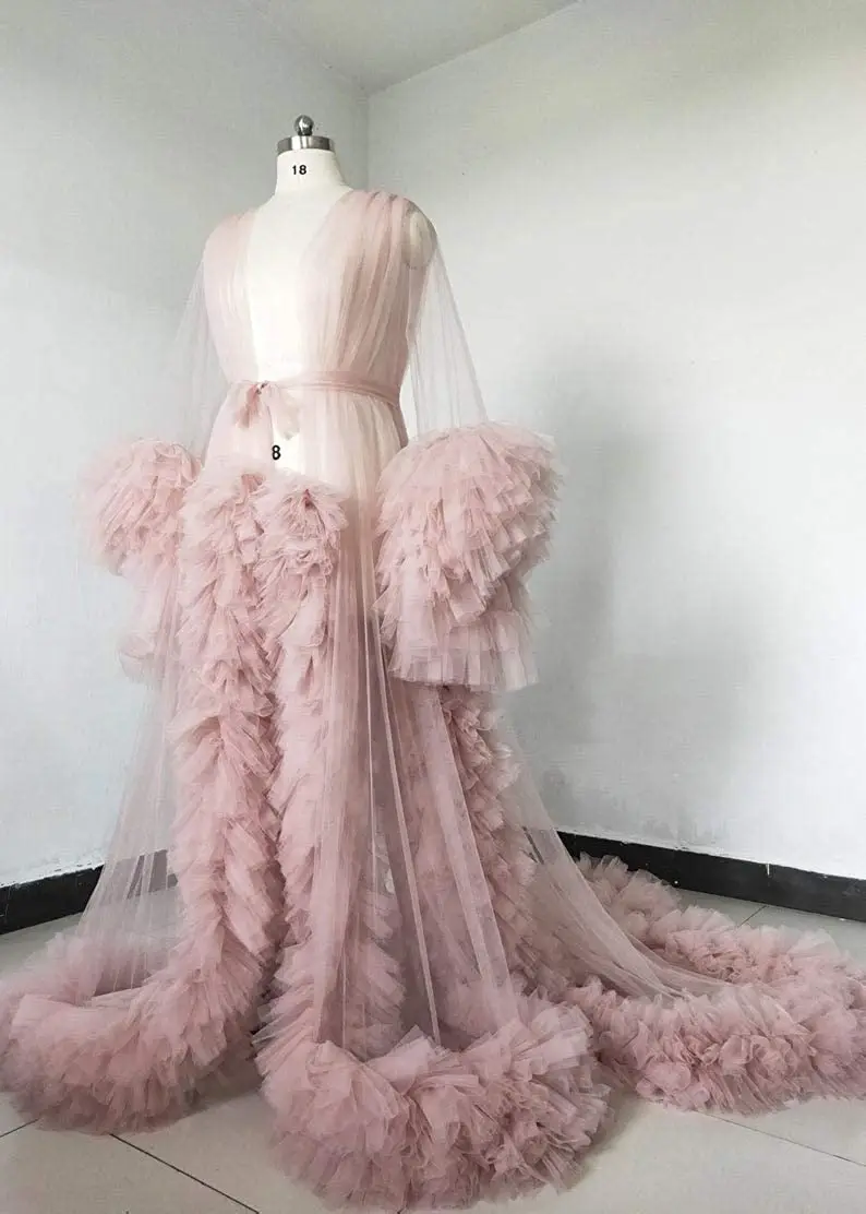 Ladies Dust Pink Dressing Gown Sheer Long Robe Fluffy Dessous Fotografie Bridal Fluffy Maternity Robes Photo Shoot Bathrobe