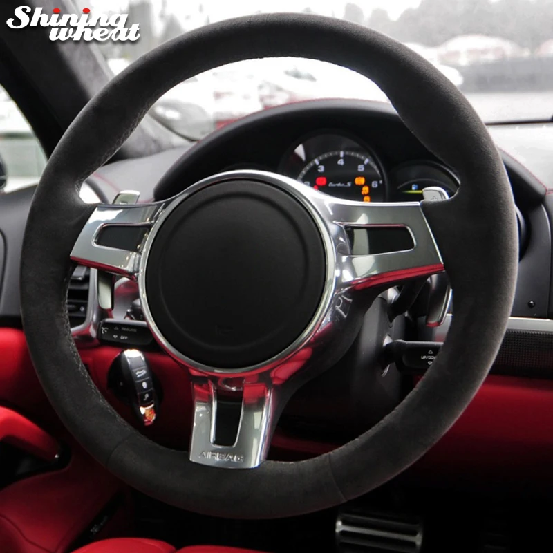 

Shining wheat Black Suede Car Steering Wheel Cover for Porsche Cayenne Panamera 2012 - 2014