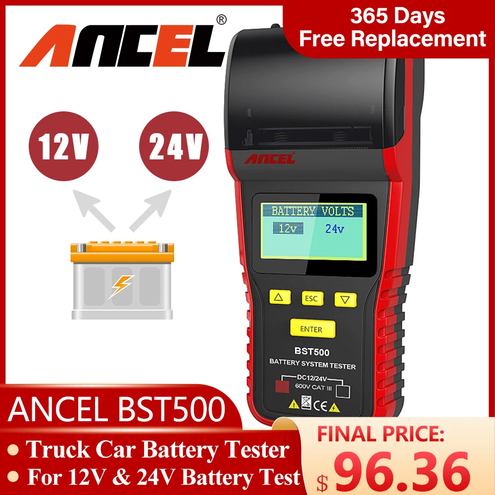 

ANCEL BST500 12V Car Battery Tester 24V Truck Charging System Scanner Support Multiple Rating Battery Analyzer With Printer