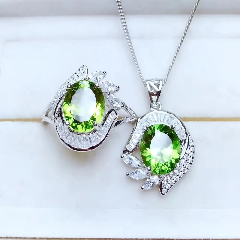 

new charming green Peridot gemstone ring and necklace with silver hot selling gift natural gem good cut party birthday present