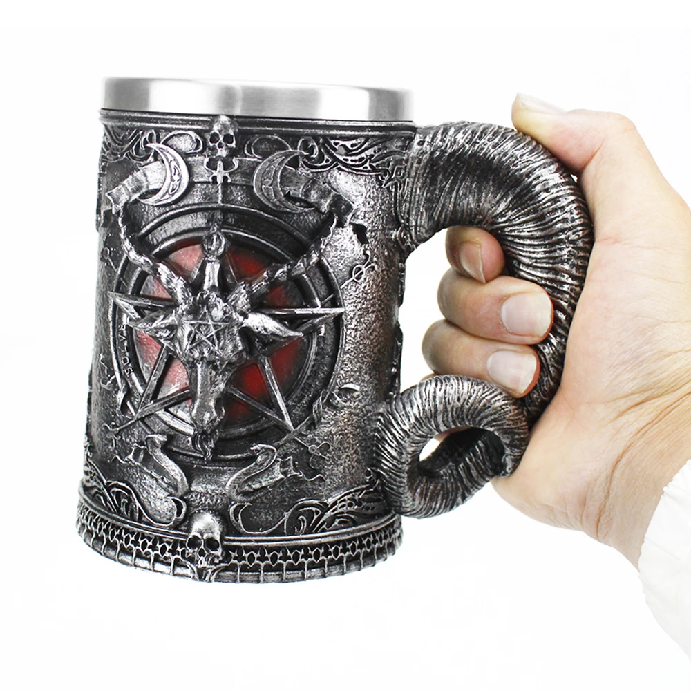 تصميم جديد Baphomet الخماسي القرن كأس للنبيذ 200 مللي 600 مللي القوطية تانكارد كوب بيرة ستانلس ستيل كأس هالوين هدية #6