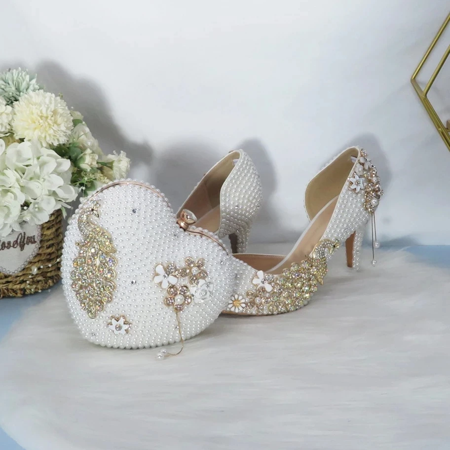 2024 Summer New Women Wedding Shoes Bride Handbag Set Open Toe Sandal and Bag White Pearl Party Dress Shoes Peacock 8cm Pumps