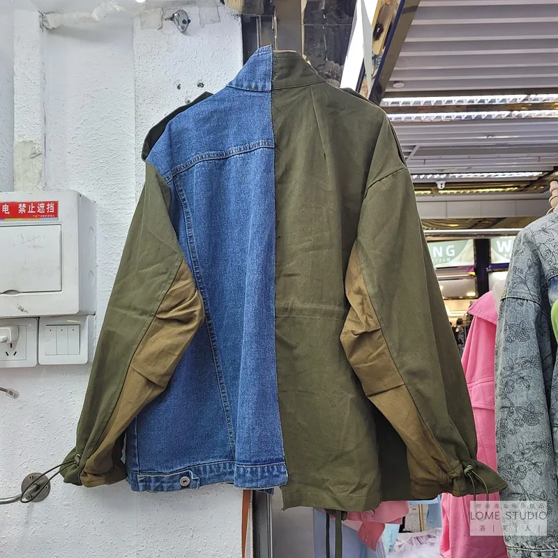 Jaket Denim lengan panjang wanita, pakaian luar kasual longgar warna Hit, perca lengan panjang mode baru musim gugur