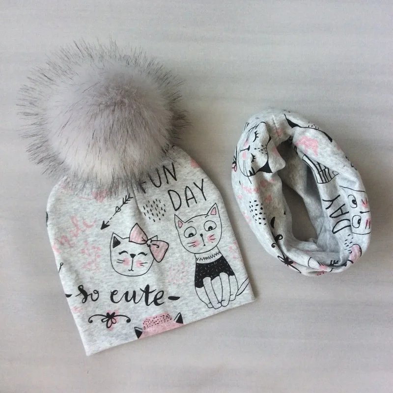 Baby Girls Hat Scarf Cotton Cartoon Printing Hat With Pompon For Girls Winter Children Cap Faux Fur Baby Hat Bonnet