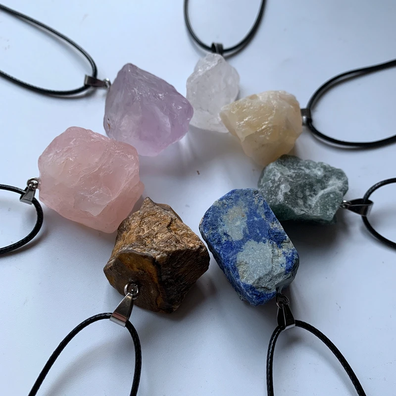 Bhuann Natural Rough Stones Pendant Quartz Cristal Healing Jewelry Wax Rope Chain Raw Stones Crystals Necklace 1pc