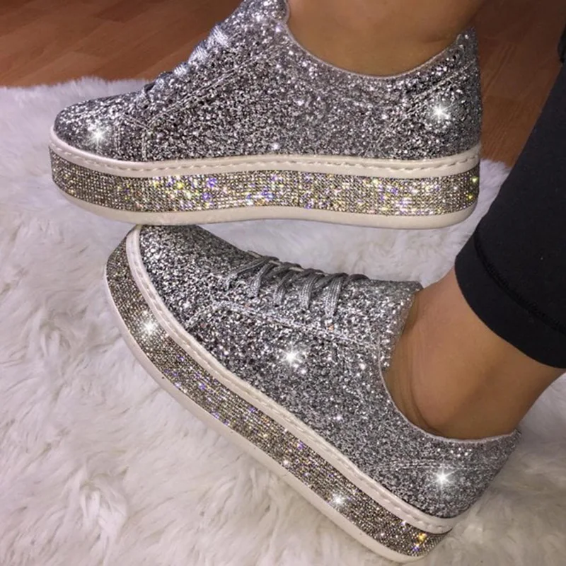 2023 Women Vulcanize Shoes Sneakers Sliver Bling Shoes Girl Flat Glitter Sneakers Casual Female Breathable Lace Up Sport Shoes