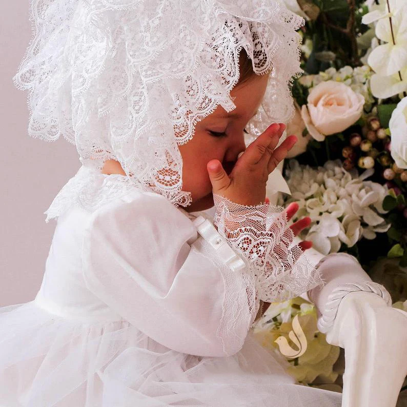 2021 Lace Doopkleedjes Voor Schattige Baby Meisje Lange Mouwen Applicaties Doop Jurken Met Bonnet Eerste Communicatie Jurk