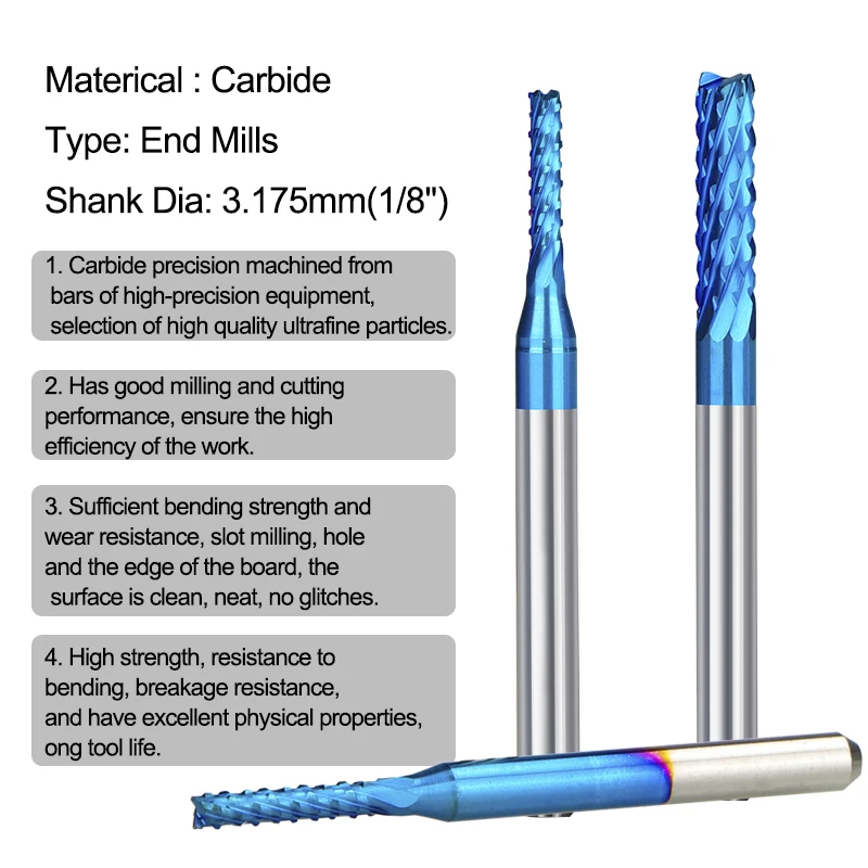 XCAN karbür uçlu freze 10 adet 3.175 sap mavi kaplamalı CNC Router uçları gravür kenar kesici End mill 0.8-3.0mm