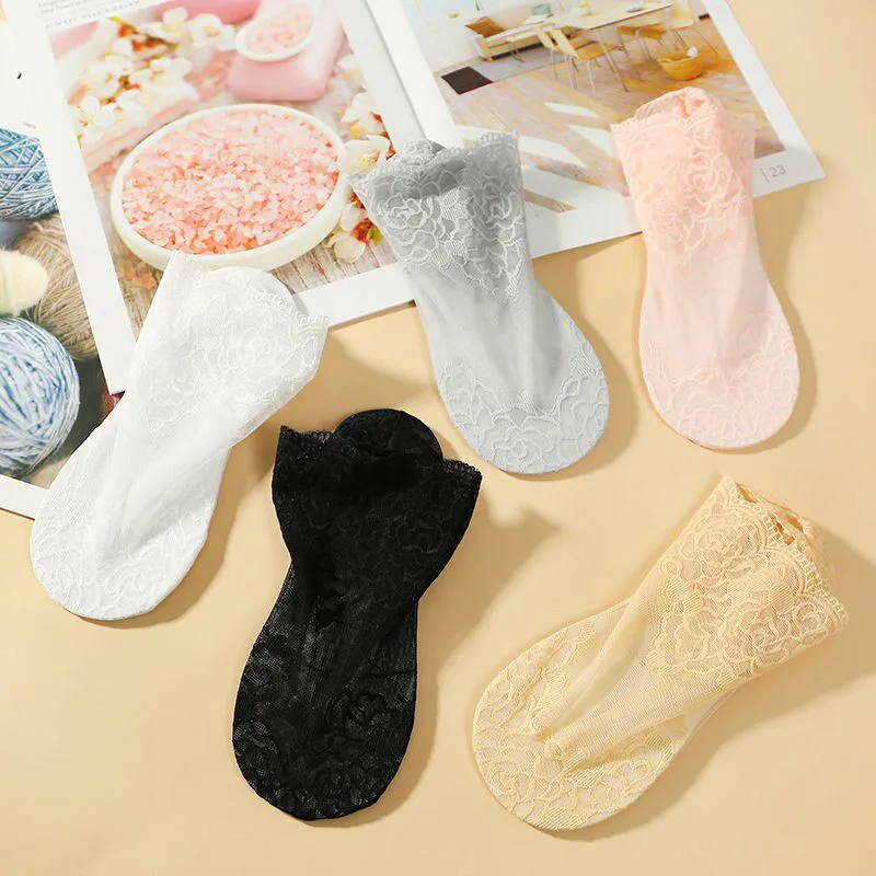 5 Pairs Classic Women Socks Embroidery Cotton Casual Lace Flower Short Sock Antiskid Invisible Ankle Socks Sox Sock Slippers