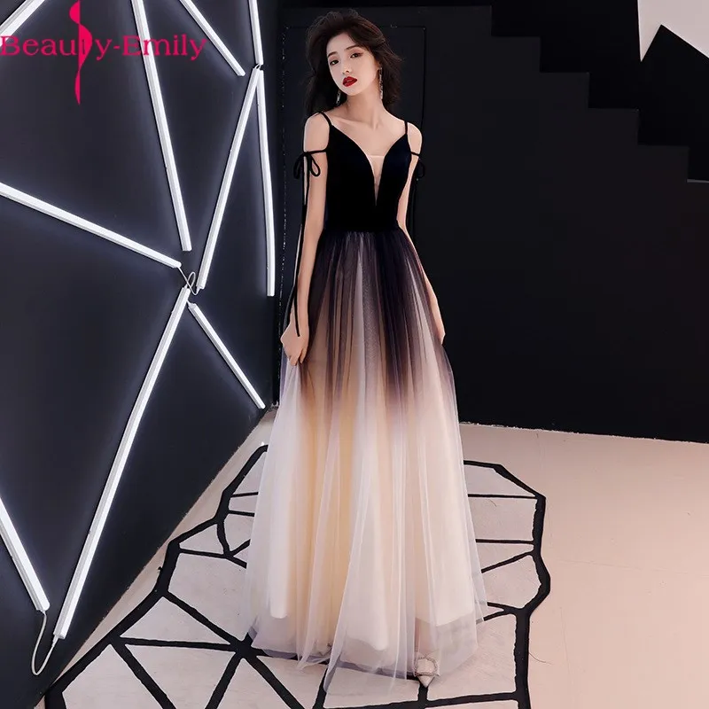 

Evening Dresses Beauty-Emily Elegant Party Dress V Neck Gradient Color 2022 Lace Spaghetti Strap Long Prom Gowns for Women