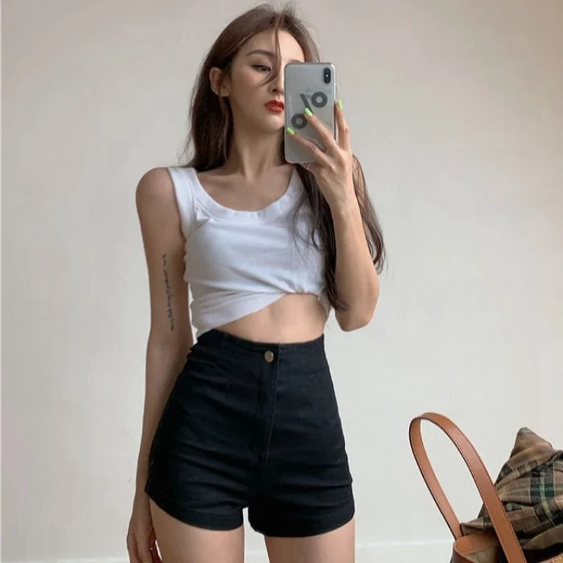 

GOOHOJIO 2021 Summer New High Waist Skinny Denim Shorts Sexy Thin Elasticity Beach Shorts Ladies Buttocks Fashion Shorts Female