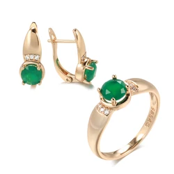 Kinel New Emerald Round Cut Natural Zircon Earrings Ring Sets for Women 585 Rose Gold Clip Earring Party Fashion Jewelry Sets
