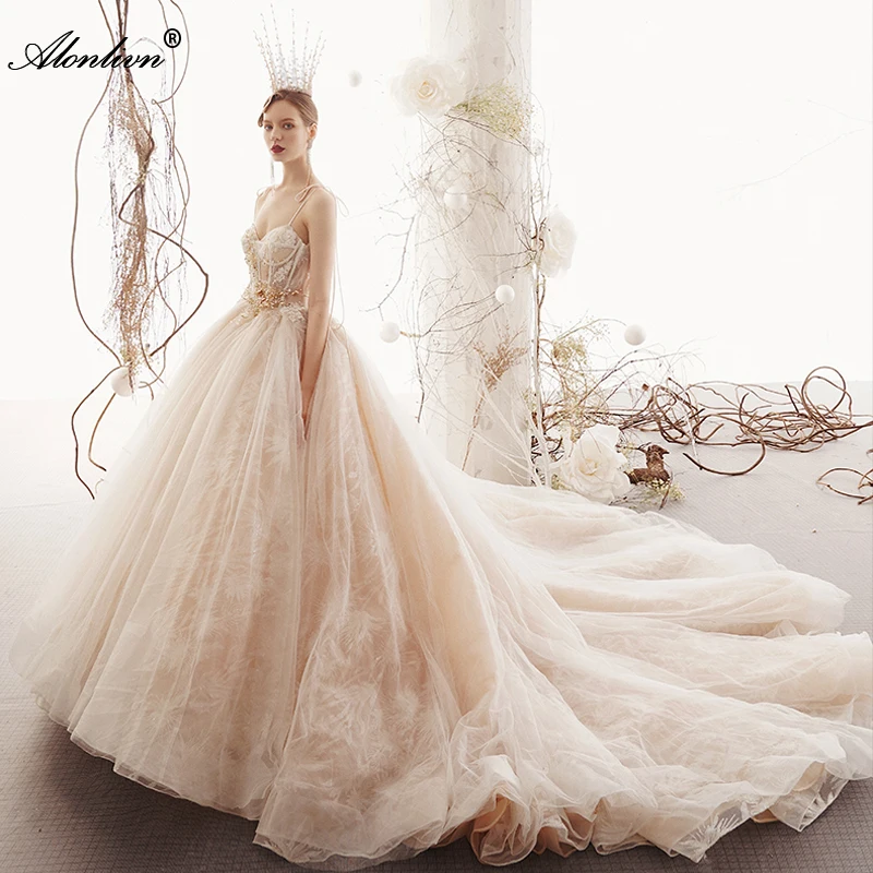 Alonlivn Customize New Design Beading Pearls Spaghetti Straps Lace Up Ball Gown Wedding Dress Long Train Sweetheart Bridal Gowns