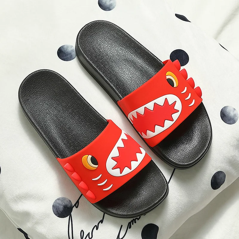 Women Summer Slippers Indoor Home Cute Cartoon Dinosaur Fretwork Thick Flat Heel Bathroom Slides Non Slip Cute Ladies Shoes 2021