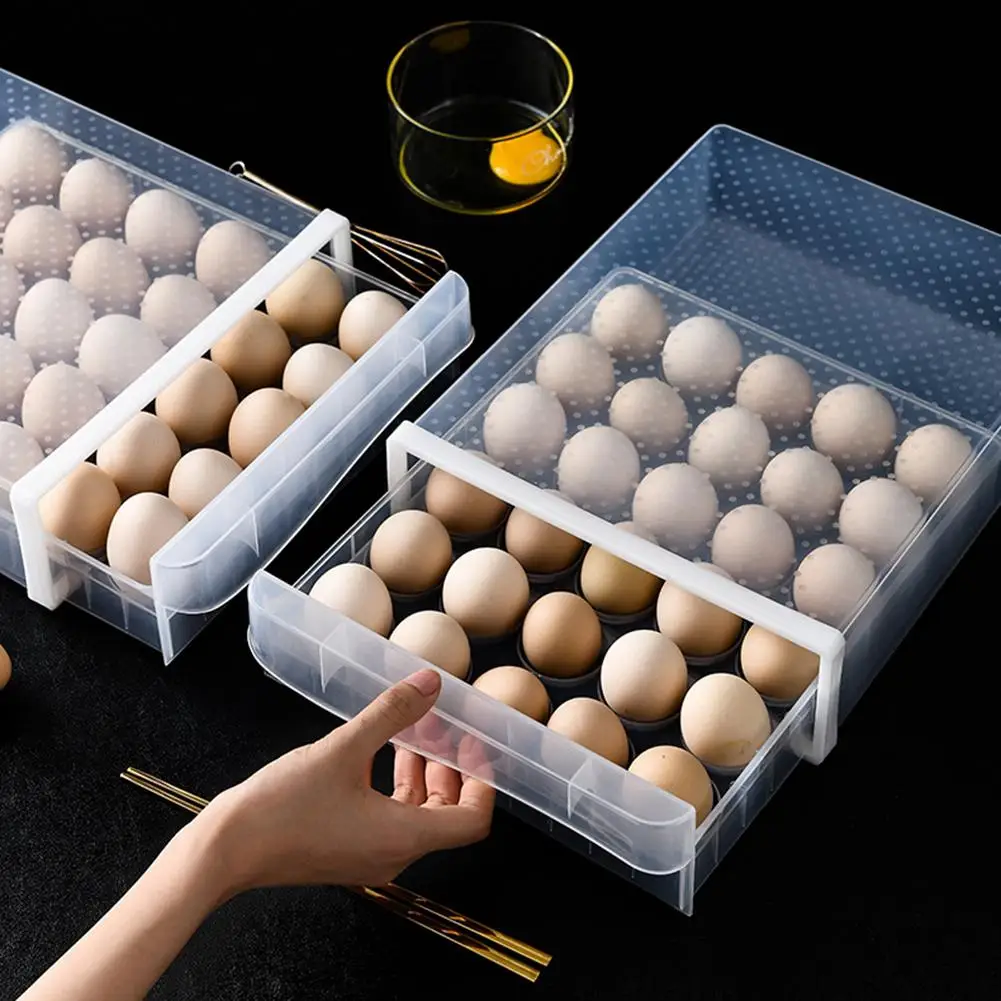 Single-Layer 30 Grid Egg Storage Rack Transparent Anti-collision With Lid And Drawer Stackable Kitchen Refrigerator Storage Box