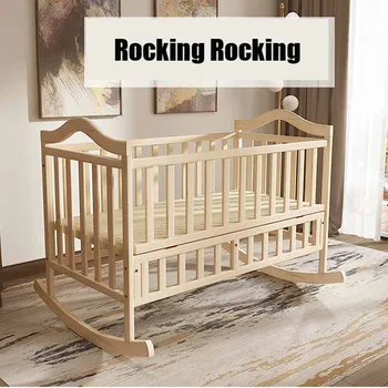 1.2M Automatic Swinging Cradle, Baby Swing Pine Cribs, No Paint Safety Natural Color Bed with Mosquito Net and Bedding Set