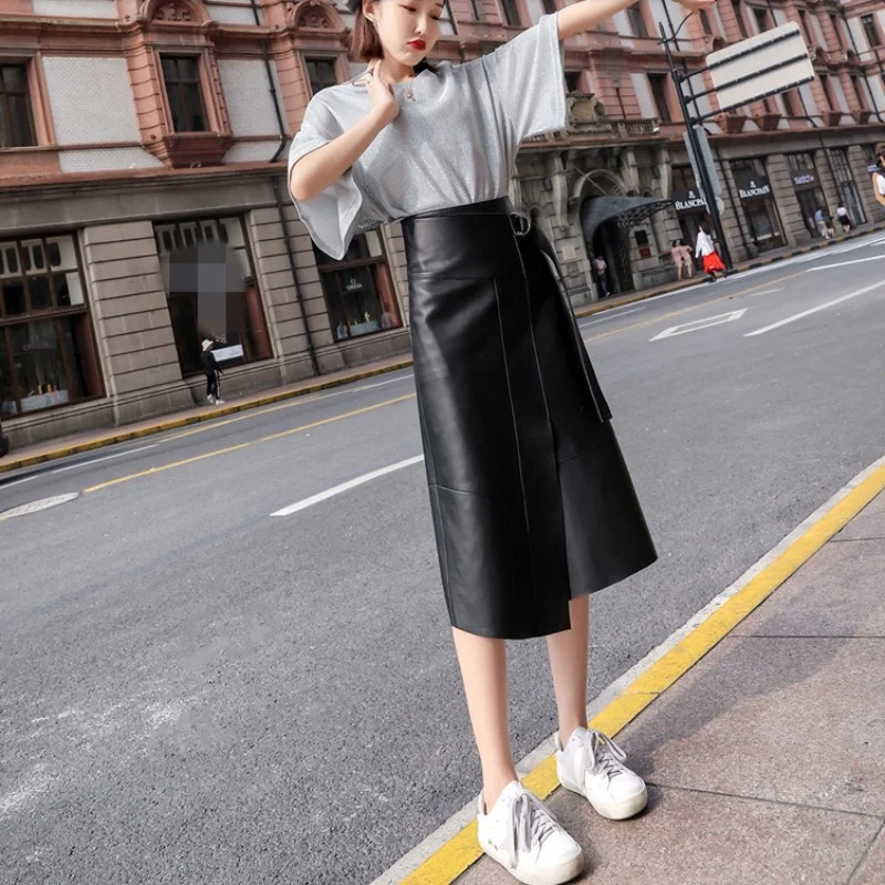 

High Casual Waist Genuine Leather Skirt Women Mid-Calf Straight Split A Line Skirts Ladies Asymmetrical Real Sheepskin Skirts