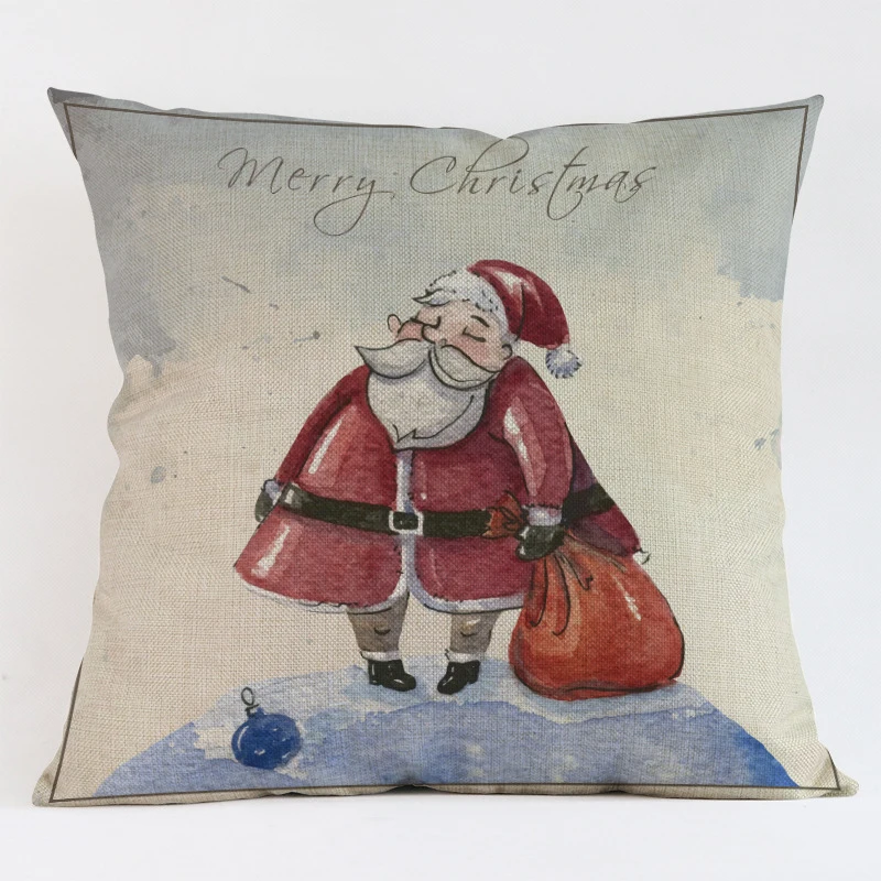 Colorful Pencil Painting Cartoon Santa Claus Cushion Cover Happy New Year Christmas Decoration Cotton Linen Throw Pillow Cover