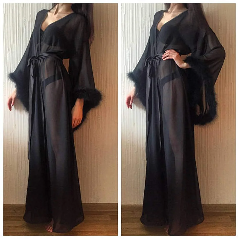 Sexy black long dress nightgown pajamas long sleeve feather pajamas fashion sexy belt pajamas