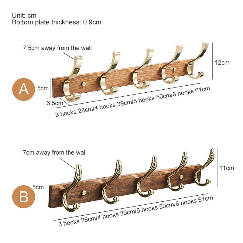 ELLEN Bathroom Robe Hook Wood Hanger Gold Brushed 3- 6 Hooks Door Hanger Cloth Towel Holder ELB12