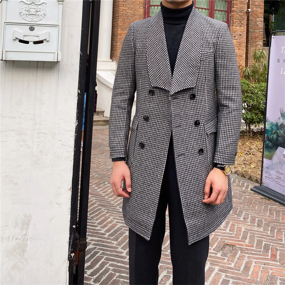 Pied de poule hommes costumes sur mesure châle revers marié fête smoking hiver manteau pour hommes une pièce